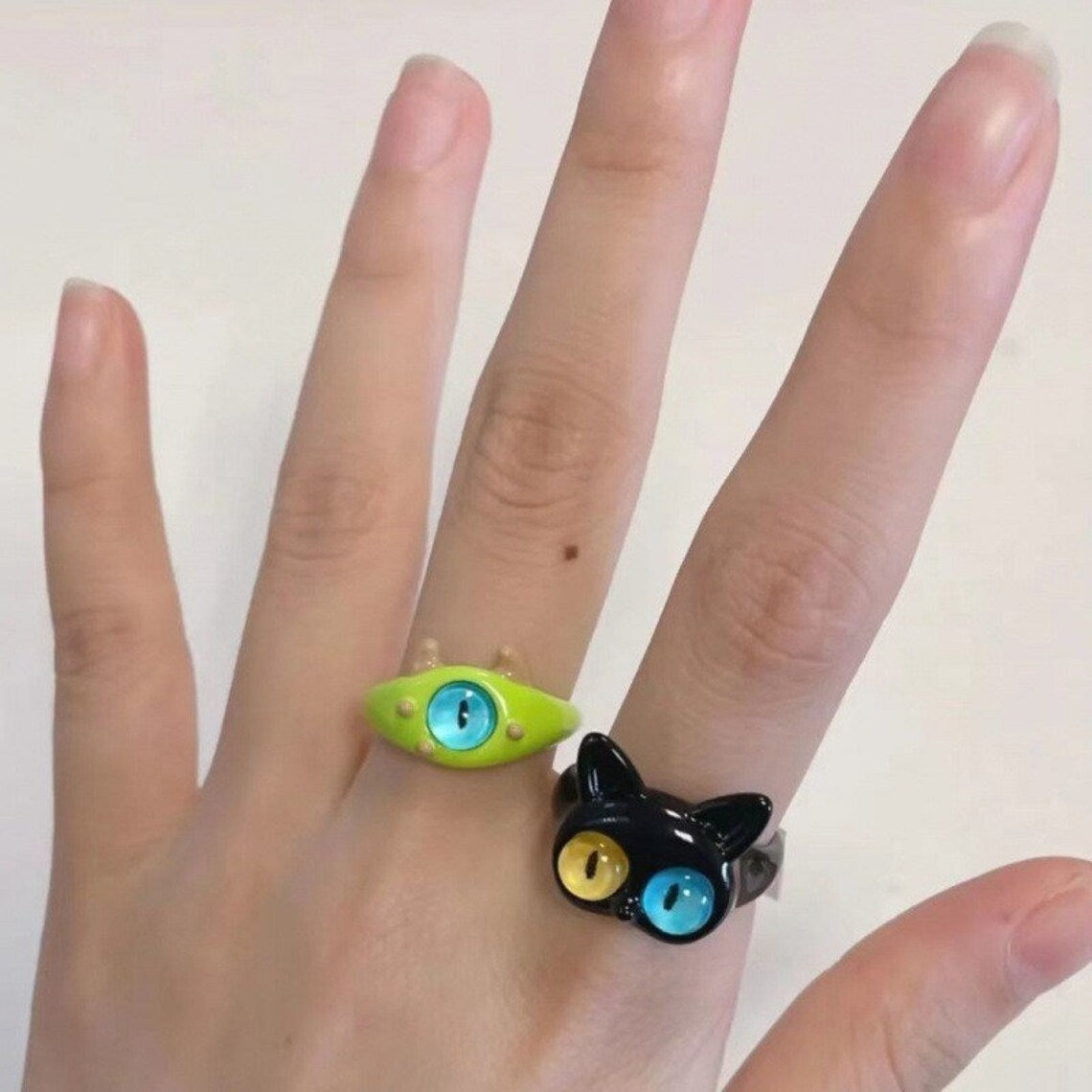 Cute Cat Eye Ring, Green Monster Ring, Adjustable Ring Band, Kawaii Design Jewelry
