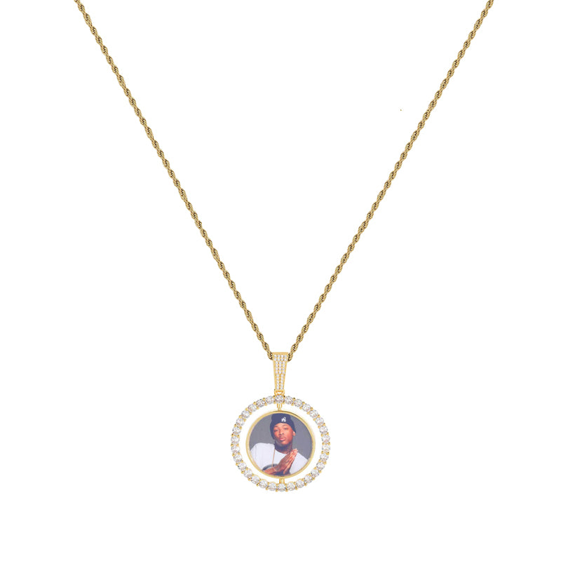 Round Spinning Customized Photo Diamond-bordered Necklace