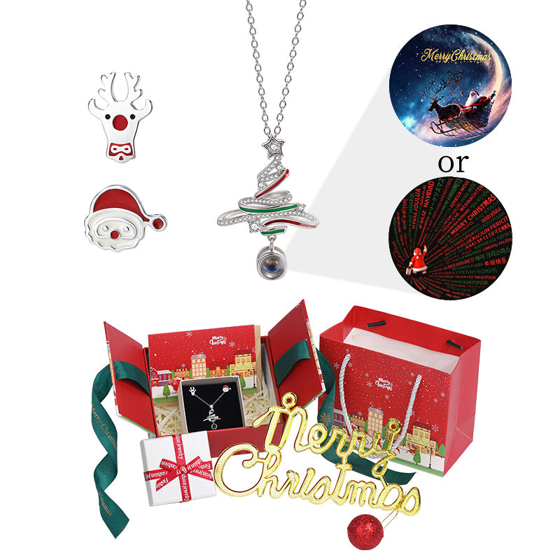 Christmas Projector Stone Necklace Set Says "Merry Christmas" in a Hundred Languages