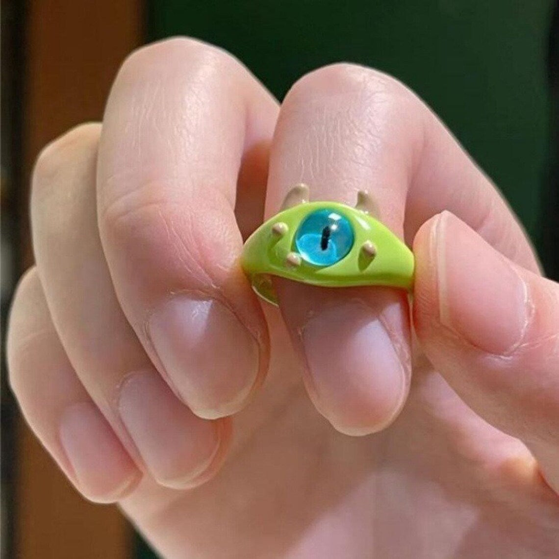 Cute Cat Eye Ring, Green Monster Ring, Adjustable Ring Band, Kawaii Design Jewelry