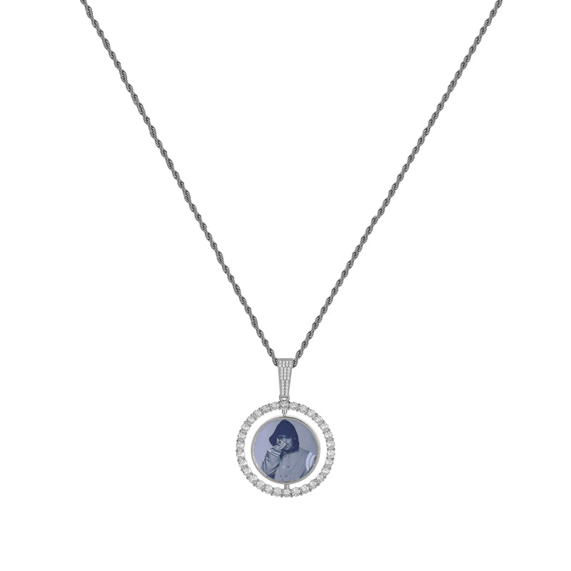 Round Spinning Customized Photo Diamond-bordered Necklace