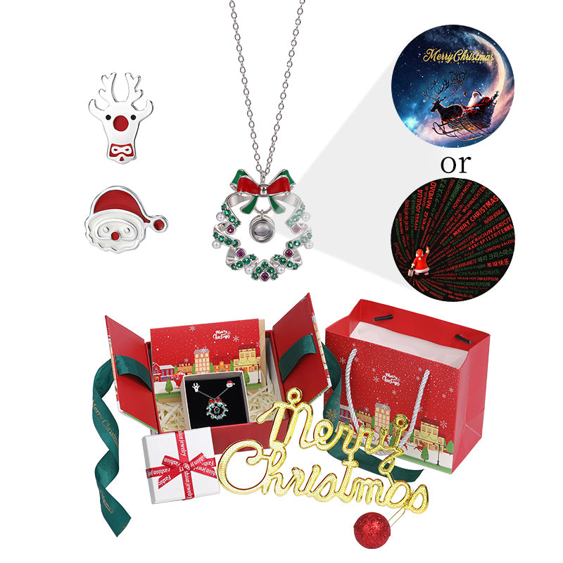 Christmas Projector Stone Necklace Set Says "Merry Christmas" in a Hundred Languages