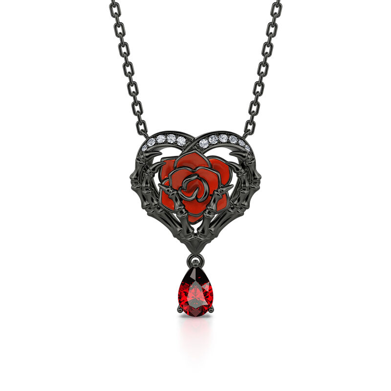 "Never Ending Love" Skeleton Hands & Rose Necklace