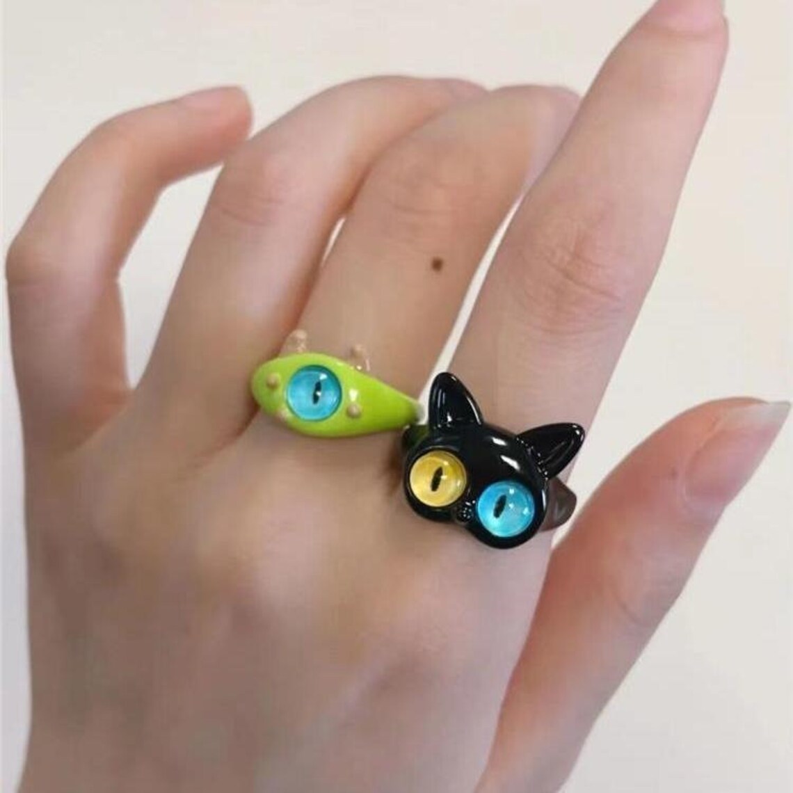 Cute Cat Eye Ring, Green Monster Ring, Adjustable Ring Band, Kawaii Design Jewelry