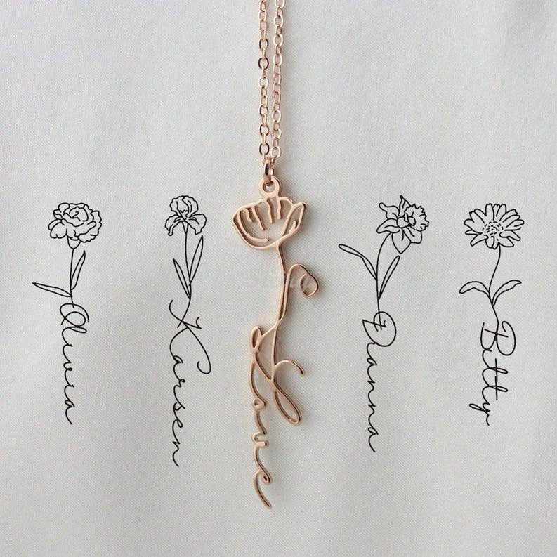 Custom Name Necklace with Birth Flower