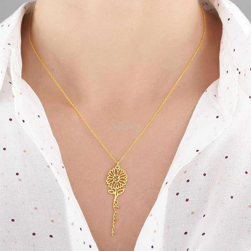 Custom Name Necklace with Birth Flower