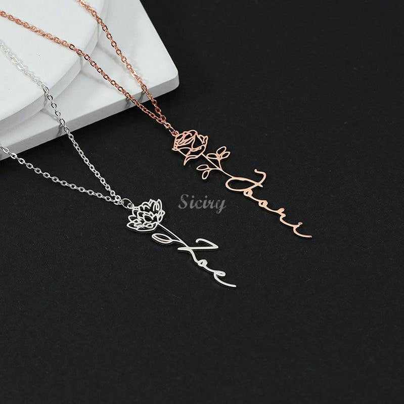 Custom Name Necklace with Birth Flower