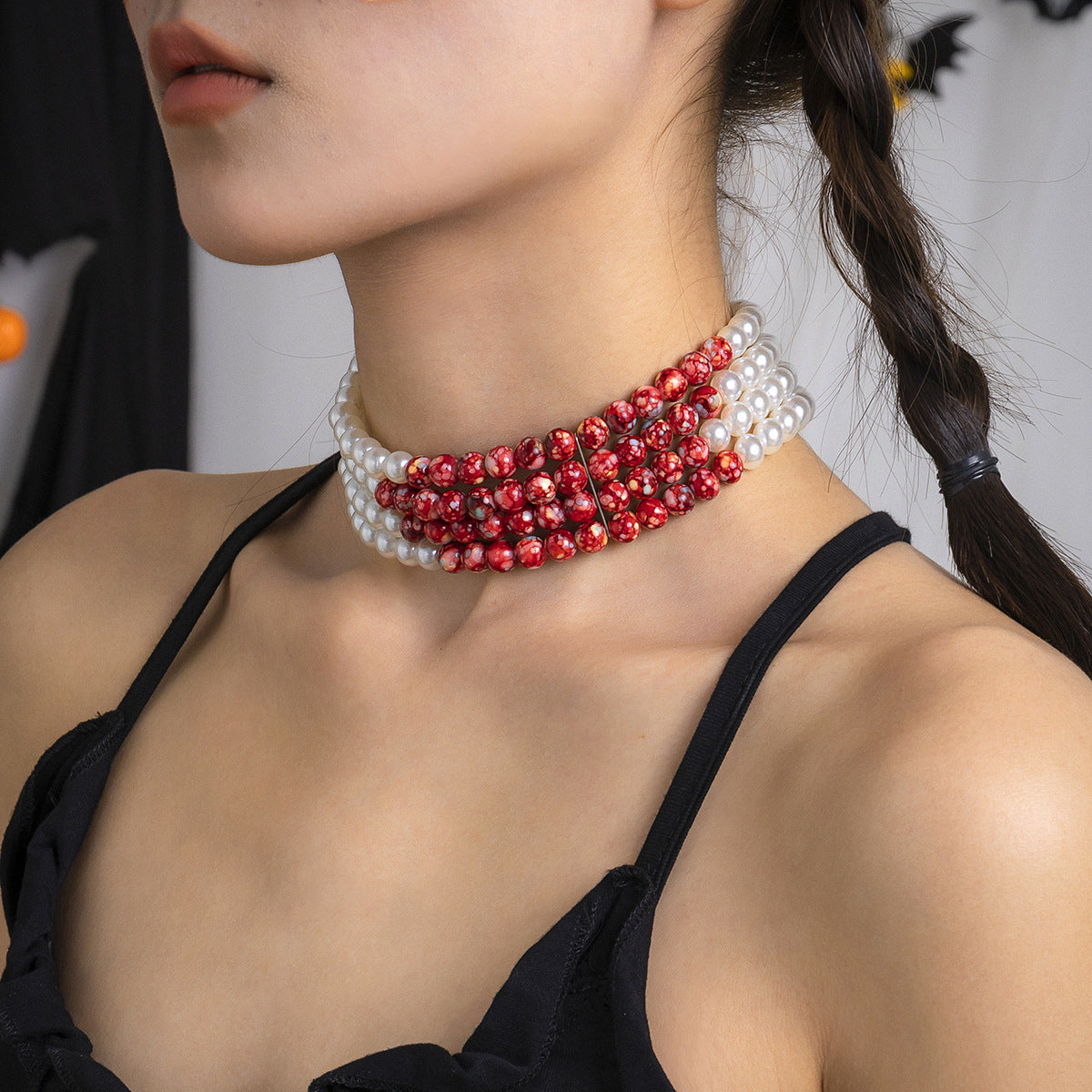 Halloween Gothic Bleeding Tassel Imitation Pearl Necklace Bracelet Earrings Jewelry