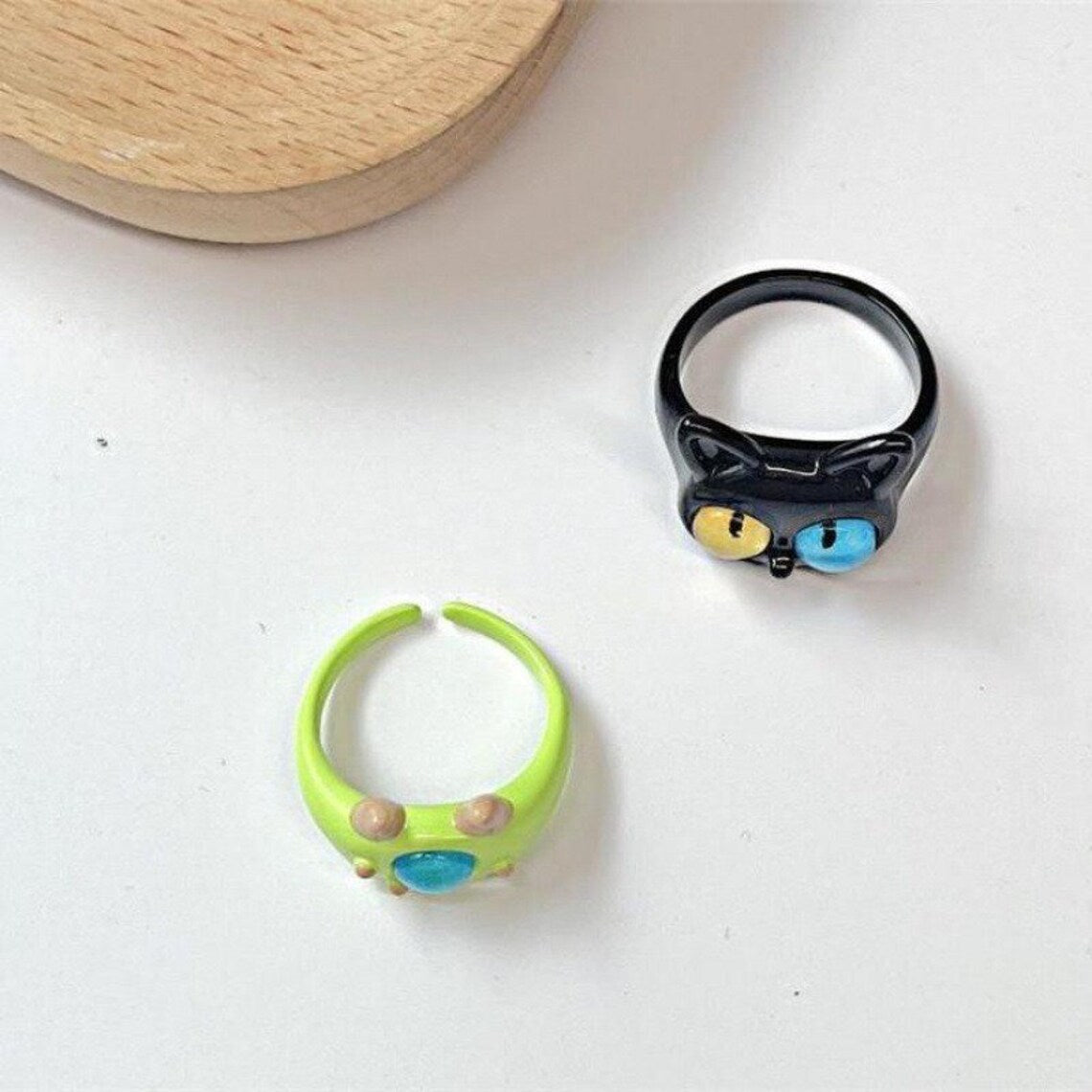 Cute Cat Eye Ring, Green Monster Ring, Adjustable Ring Band, Kawaii Design Jewelry
