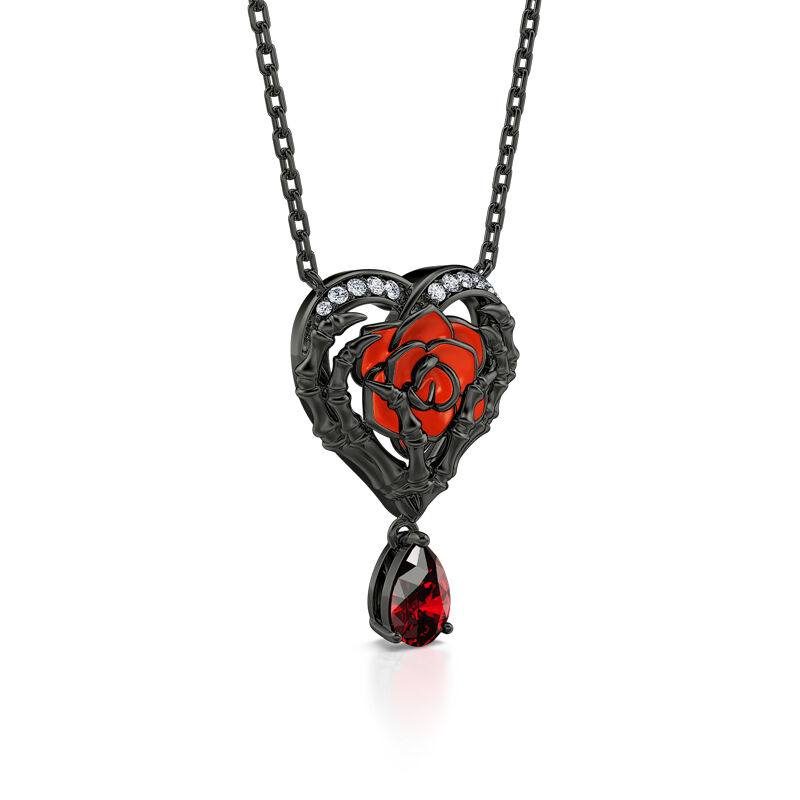 "Never Ending Love" Skeleton Hands & Rose Necklace